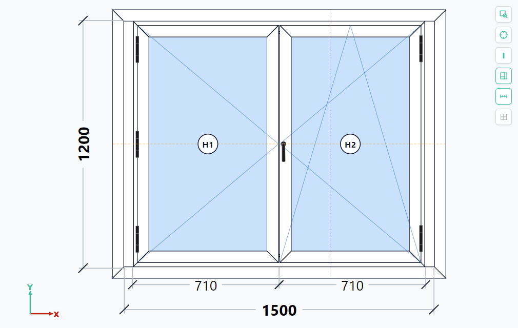 Ventana oscilobatiente de dos hojas de 1500 × 1200 mm en el configurador 2D de Endades Nexus, con sus cotas