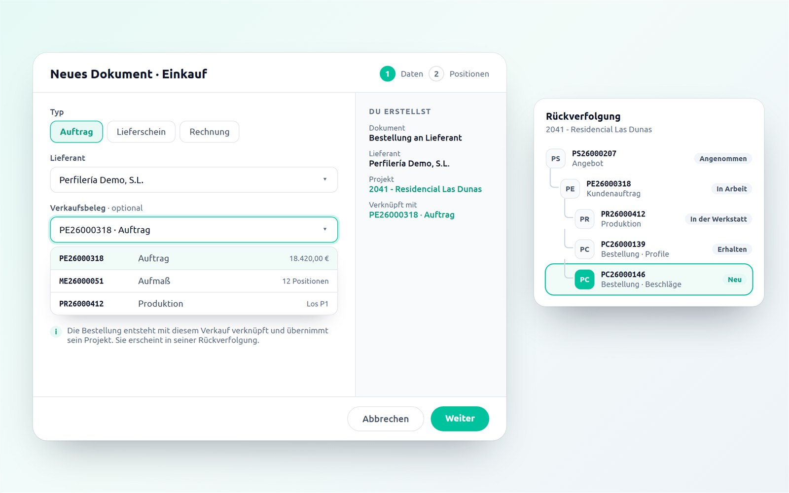Assistent Neues Dokument im Einkauf von Nexus mit dem Feld Verkaufsbeleg und der Rückverfolgung des Projekts mit der neuen Bestellung