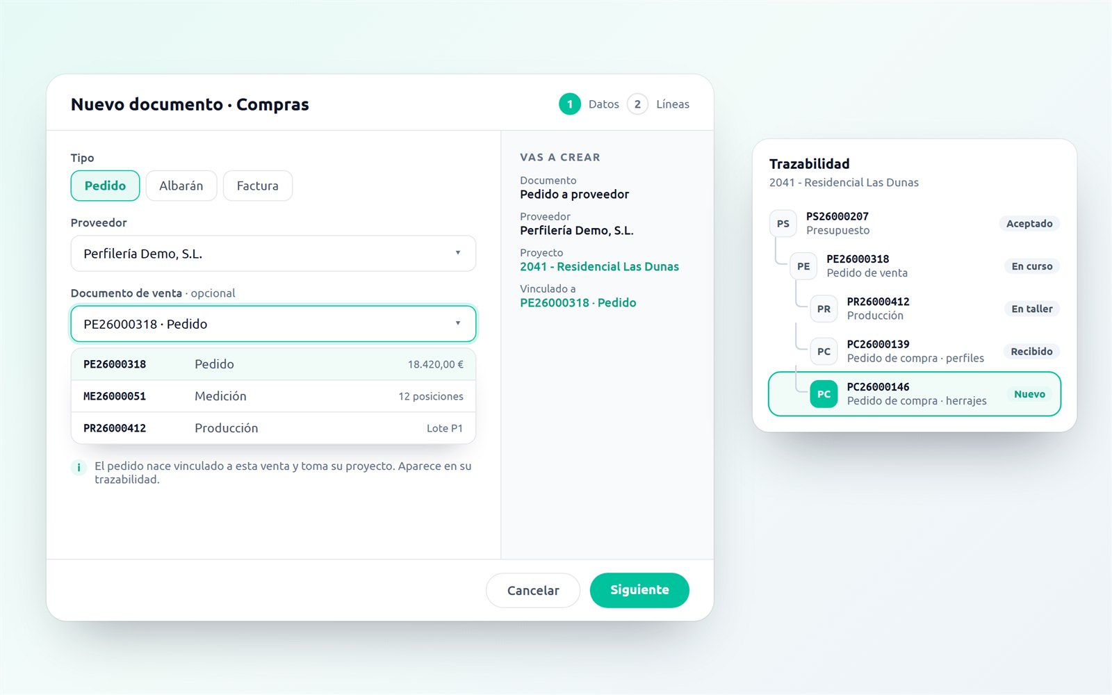 Asistente Nuevo documento de Compras en Nexus con el campo Documento de venta y la trazabilidad del proyecto con el pedido de compra nuevo