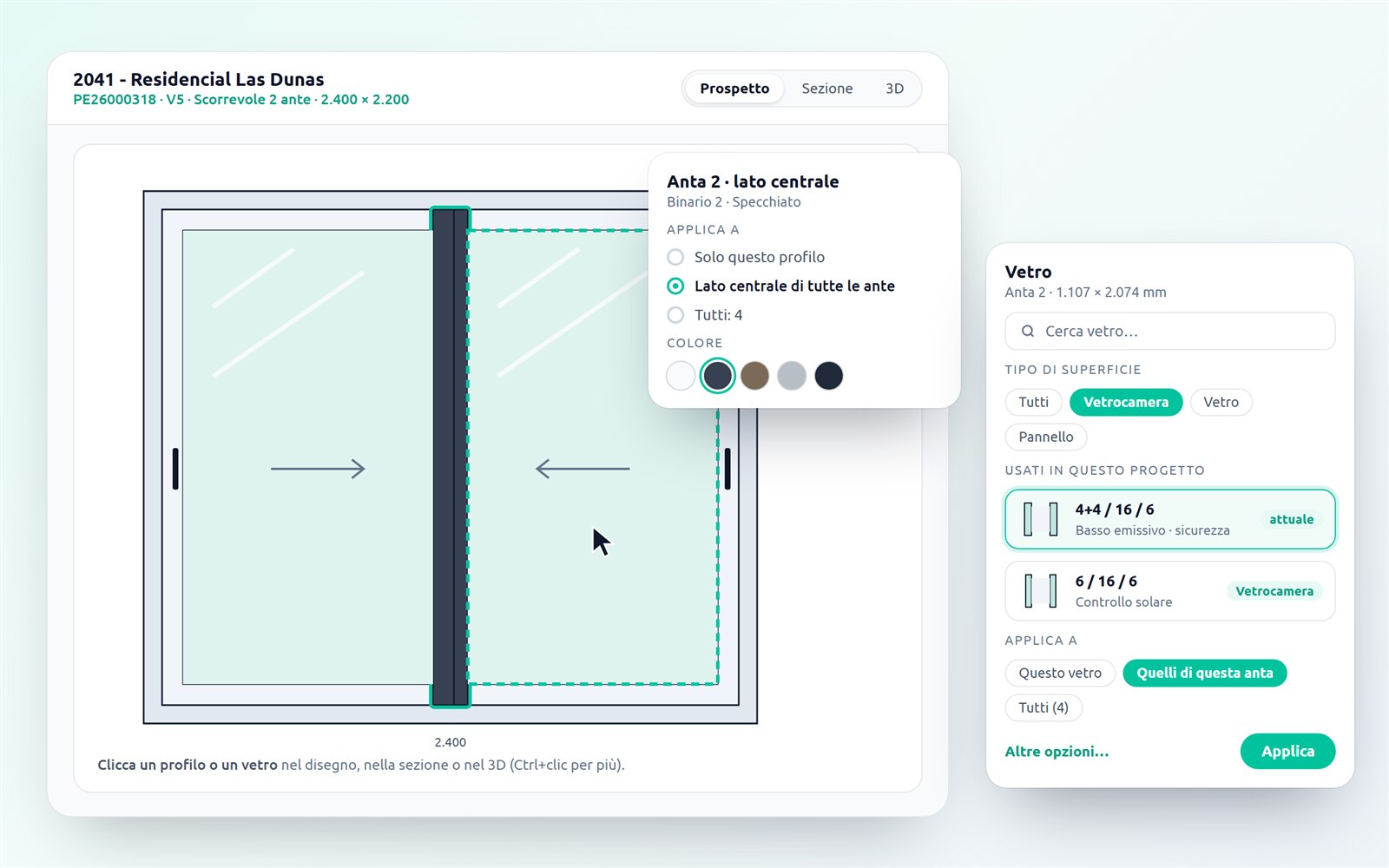 Scorrevole a 2 ante nel configuratore di Nexus con il profilo centrale scelto, scheda del profilo con Applica a e colore, e scheda del vetro con filtro per tipo di superficie