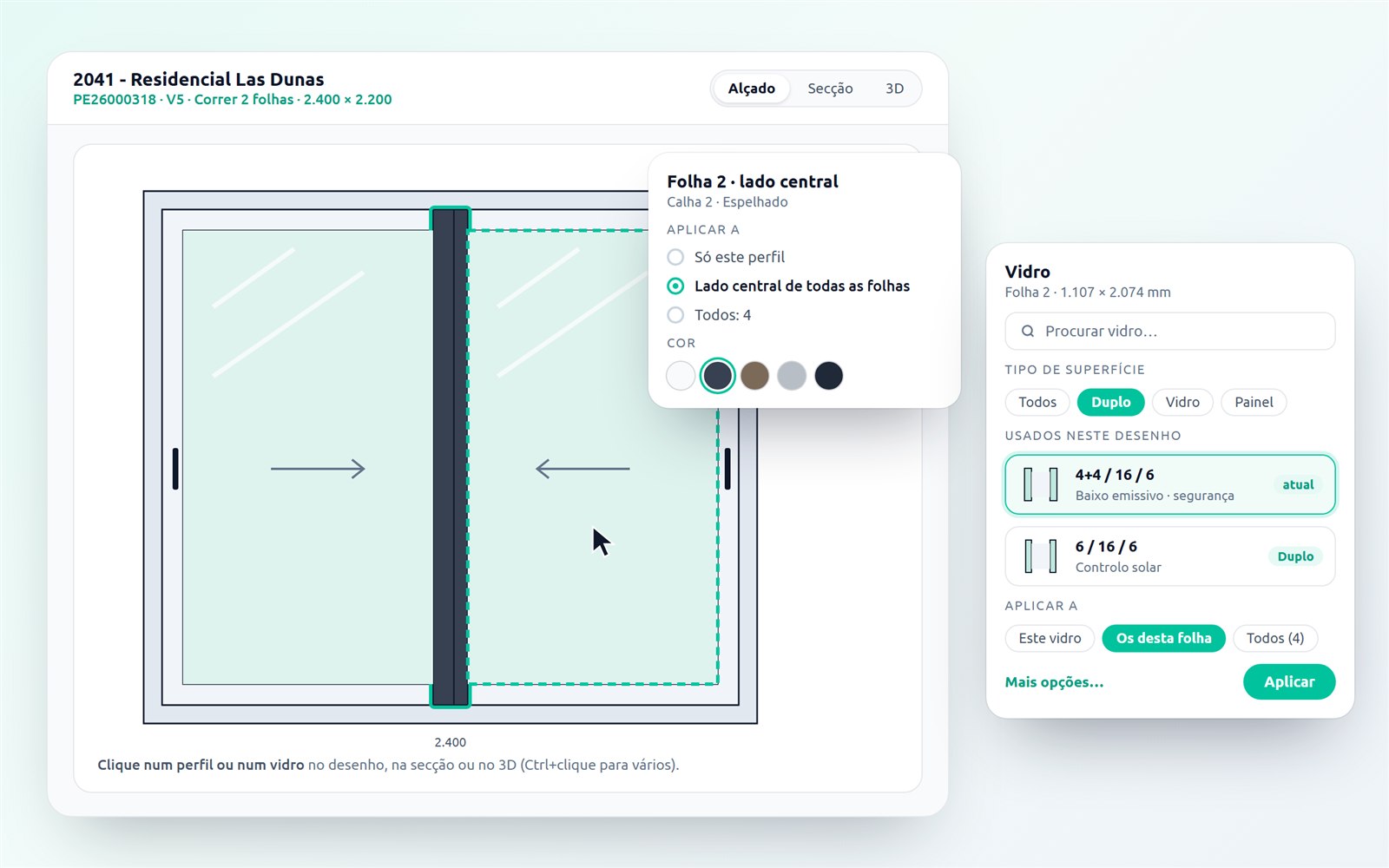 Janela de correr de 2 folhas no Editor do Nexus com o perfil central escolhido, cartão do perfil com Aplicar a e cor, e cartão do vidro com filtro por tipo de superfície