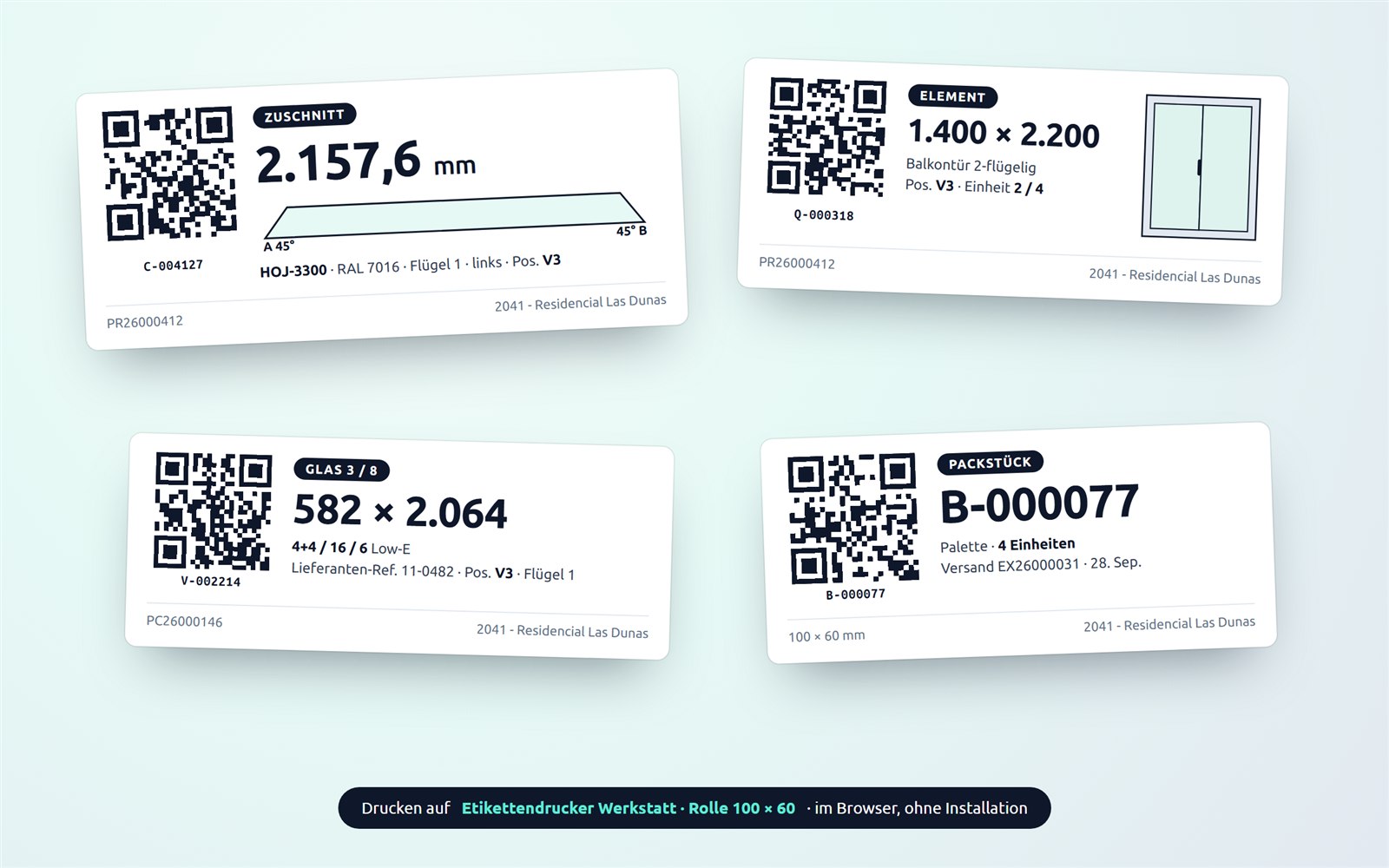 Zuschnitt-, Element-, Glas- und Packstücketiketten von Nexus mit großem Hauptwert, gezeichnetem Zuschnitt und QR-Code mit lesbarem Code