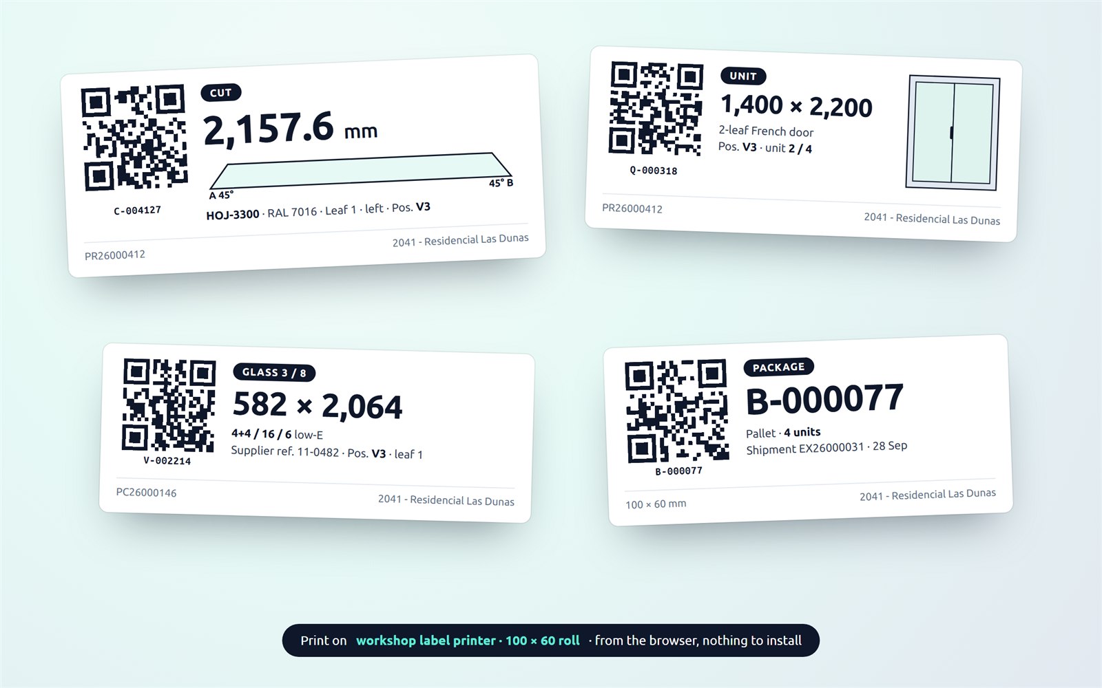 Nexus cut, unit, glass and package labels with the key figure in large type, the cut drawn and the QR with a readable code