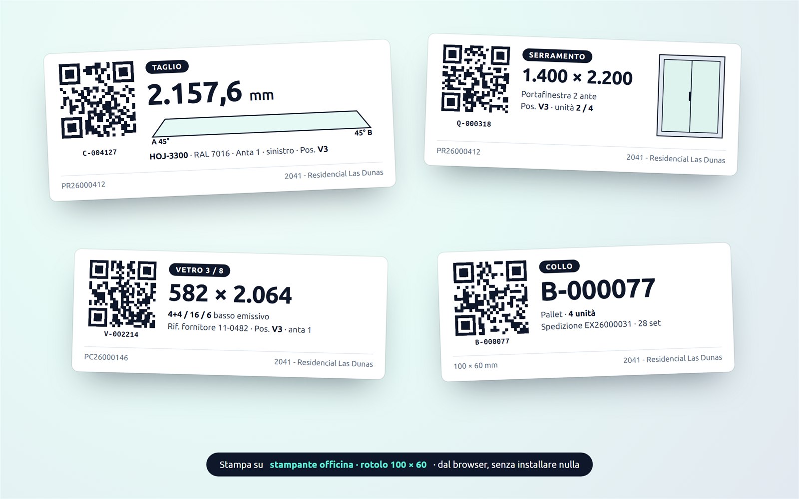 Etichette di taglio, serramento, vetro e collo di Nexus con il dato principale in grande, il taglio disegnato e il QR con codice leggibile