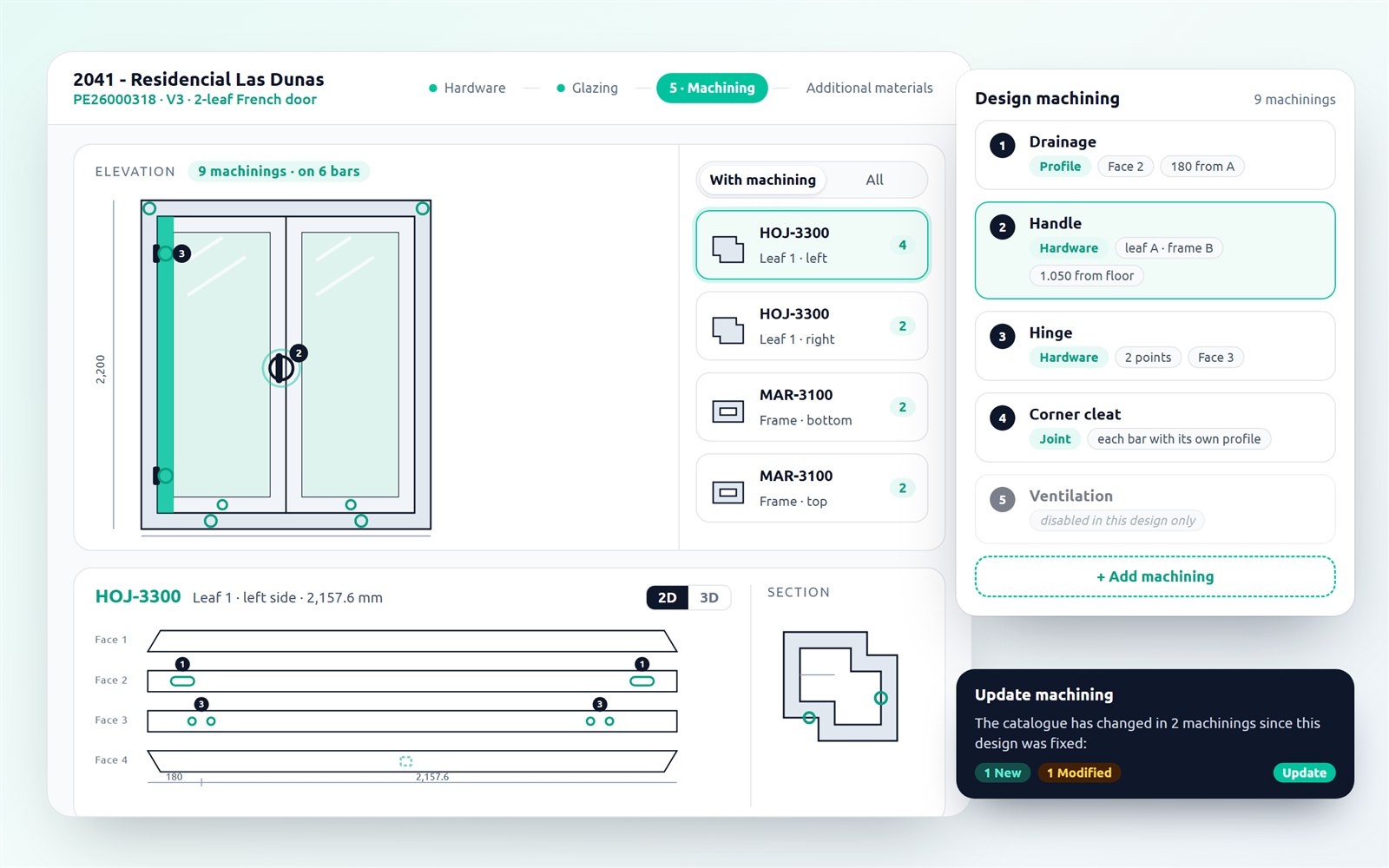 Step 5 Machining in the Nexus Editor: elevation with machinings marked, selected bar by faces, section and a machining panel triggered by profile, hardware and joint, with the Update machining notice