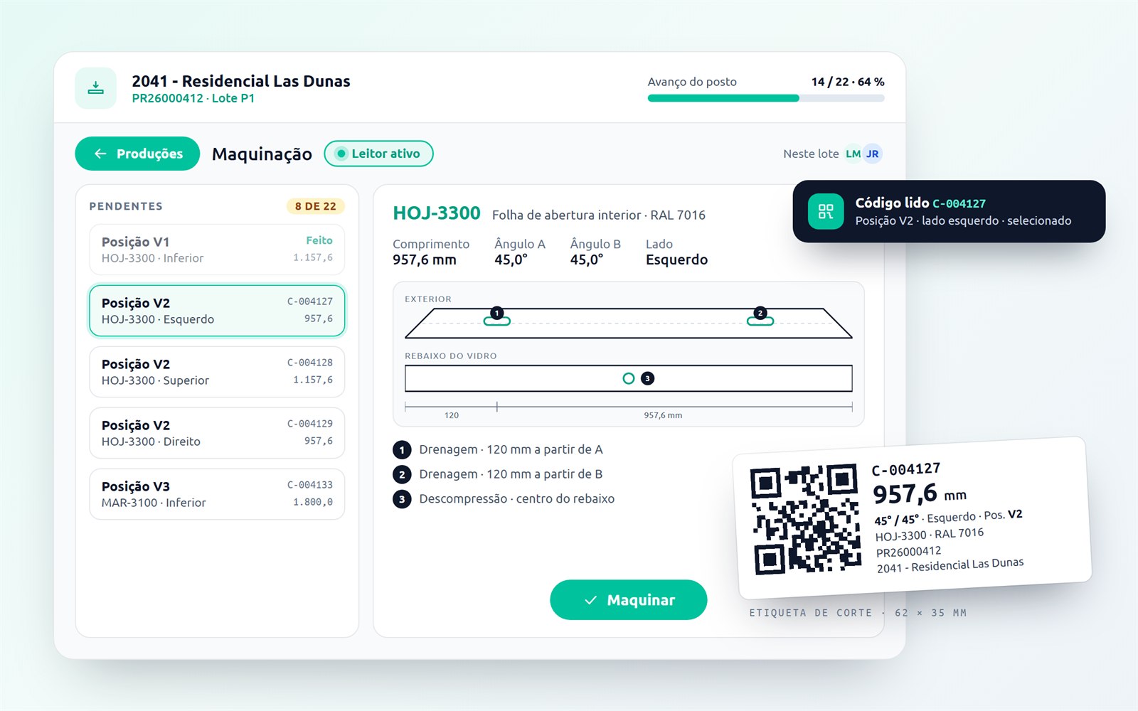 Posto de Maquinação do Nexus com o leitor ativo: ao ler o código C-004127 seleciona-se o corte, com o esquema da barra e as maquinações numeradas, junto à etiqueta de corte com QR