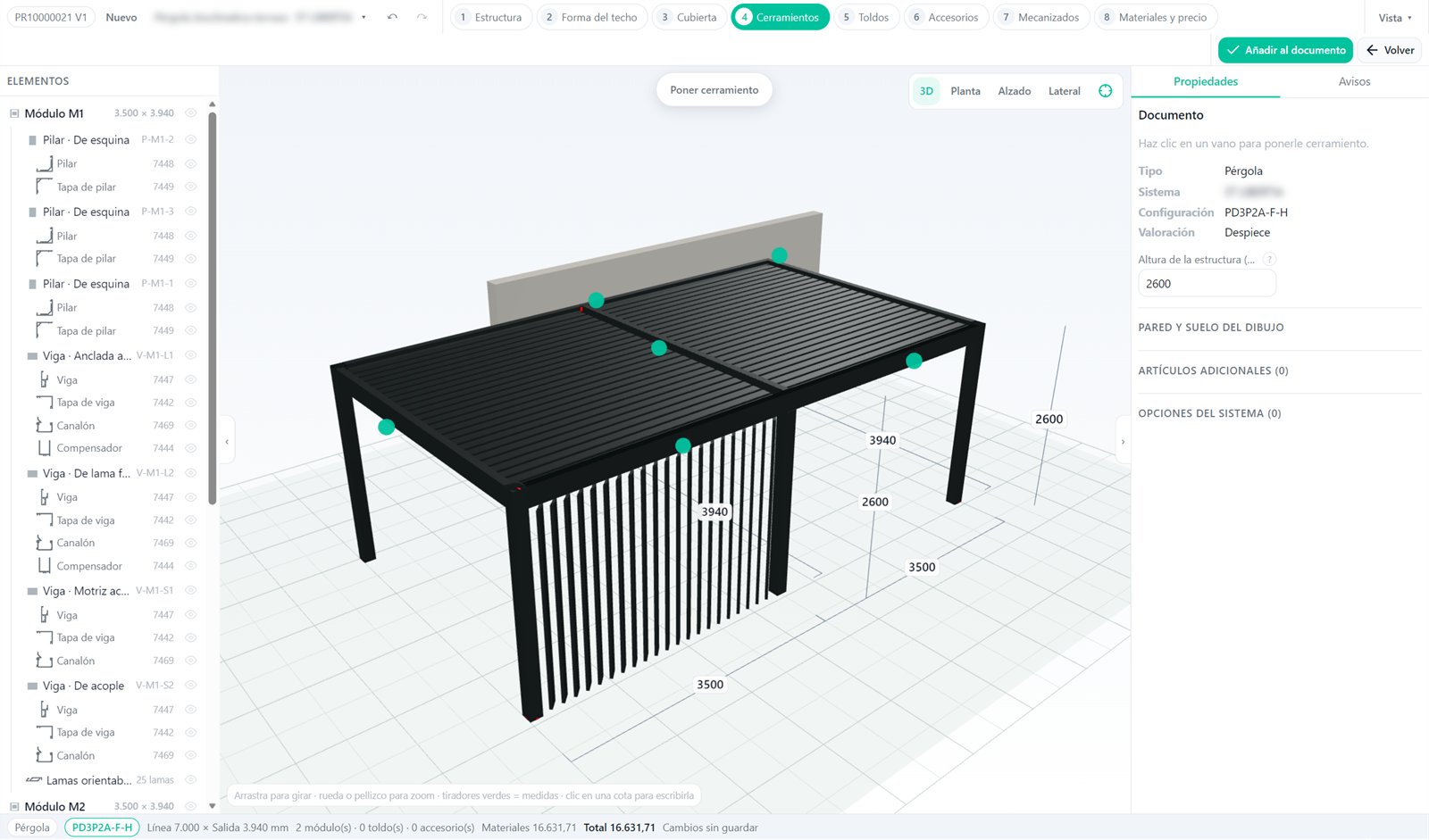 Editor 3D de Nexus Shade con una pérgola doble y lamas verticales a 45 grados en el frente